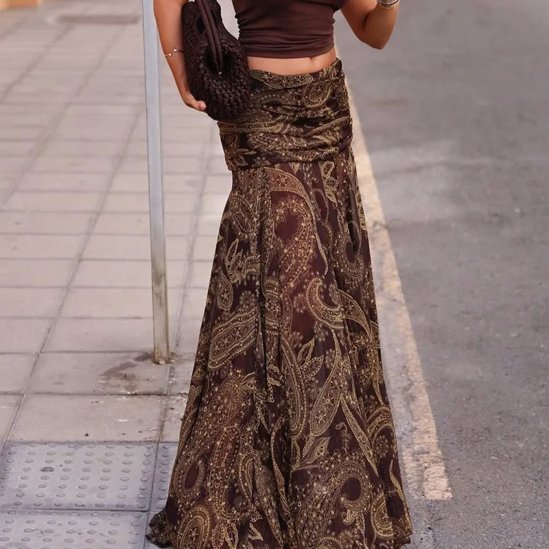 Irregular Printed Big Swing Long Skirts for Women High Waist Buttock Cover ALine Maxi Skirt Female Vintage Bottom Clothes 251028