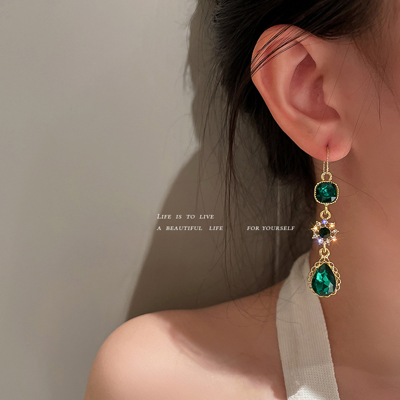 Korean Long Style Dia-Encrusted Emerald Ear Hook Water Drop Flower Zircon Elegant Light Earrings for Women