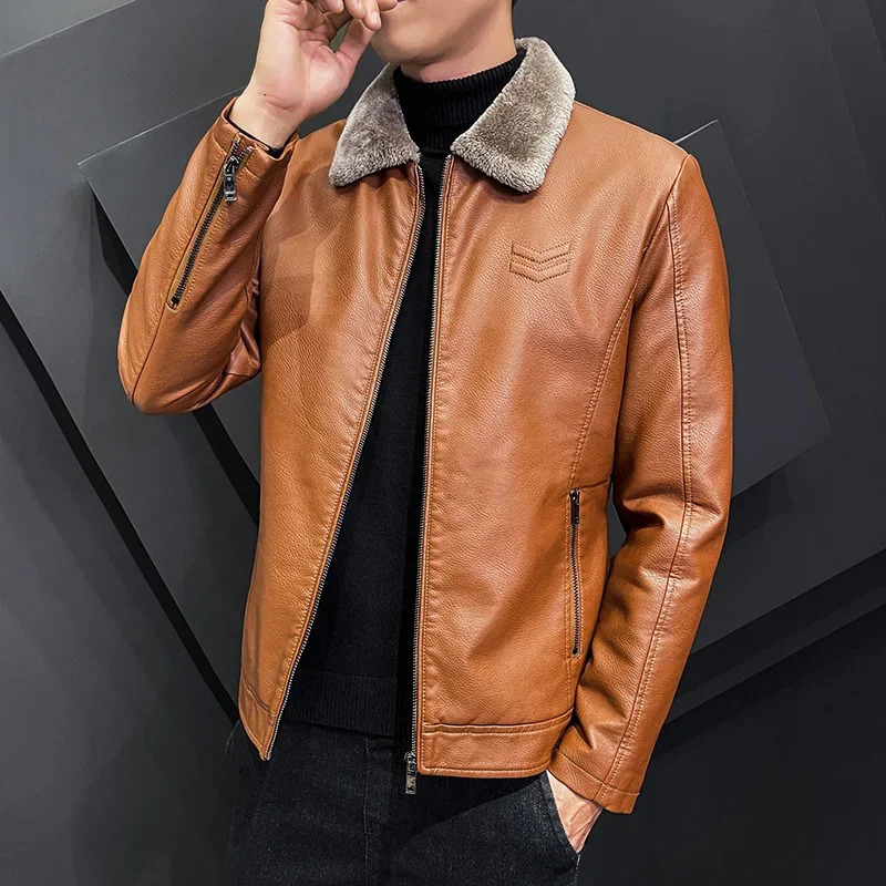 Winter Fashion Warmth Thickened Leather Jacket Lapel Solid Zipper Design Plus Size Mens Bomber Fleece Coat 251029