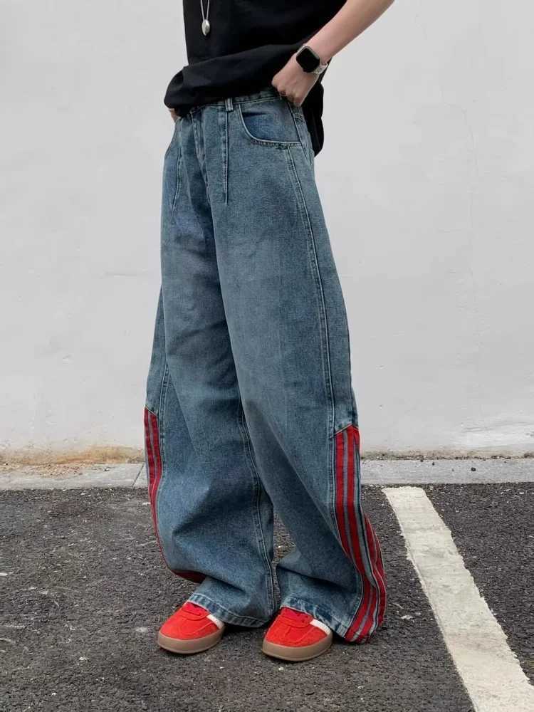 Trashy Y2K 2000S Red Striped Patchwork Washed Blue Baggy Jeans Pants For Men Clothing Wide Leg Korean Casual Lady Denim Trousers J251030