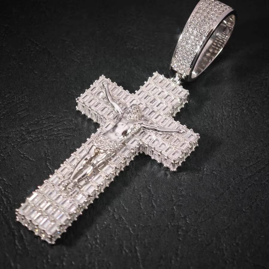 Pass Diamond Tester Trendy Hip Hop D Color VVS Baguette Moissanite Cross Jesus Pendant With 925 Sterling Silver GRA Men Party