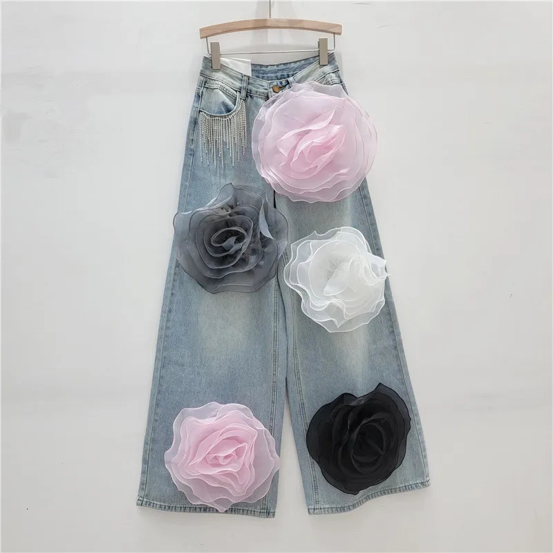 YEAE Womens Jeans High Waist Flower Diamond Tassel Straight Wide Leg Jeans Summer Fashion 251029