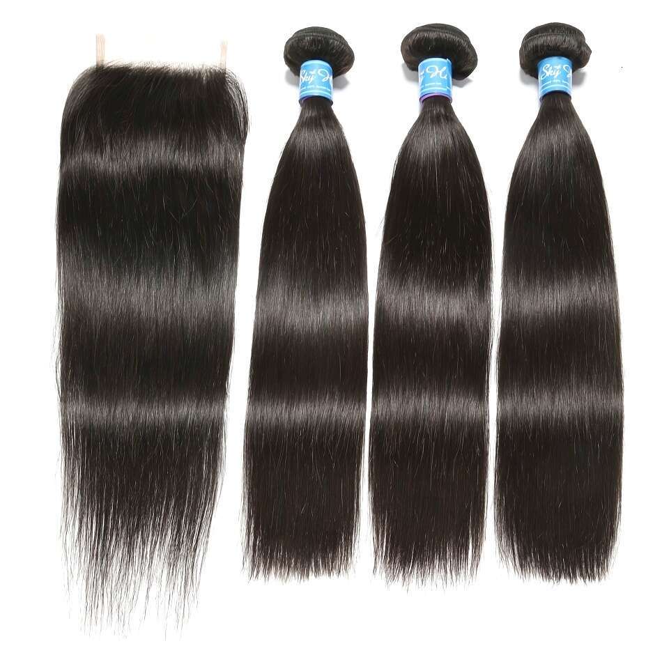 3 Bundles Brazilian Virgin Human Extensions 12A Straight 4X4 HD Closure - 100% Unprocessed Quick Weave Free Part Transparent Lace For, Versatile Styli