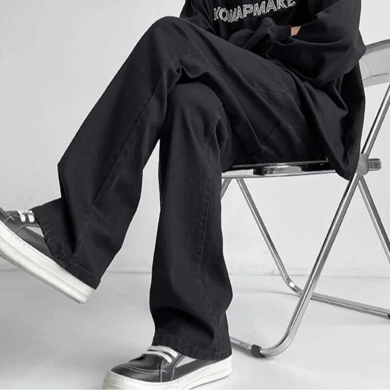 Autumn Vintage Straight Wide Legs BLACK Jeans Mens Streetwear Harajuku Washed Baggy Casual Flare Denim Trousers Y2K Male Pants J251030