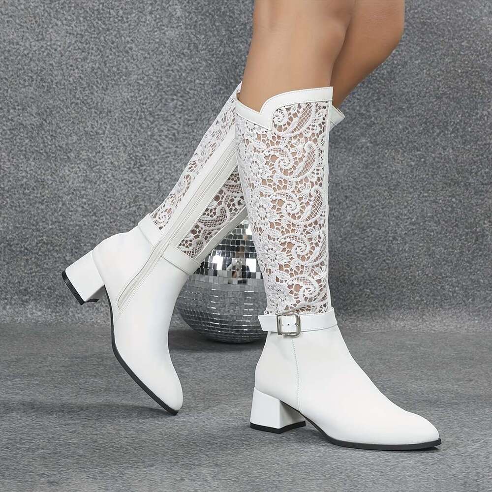 Women's Elegant White Lace-Up With Side Zipper - Chunky Heel, Pointed Toe, Faux Cover Fabric Upper, Comfortable For Fall & Winter, Stylish Indoor