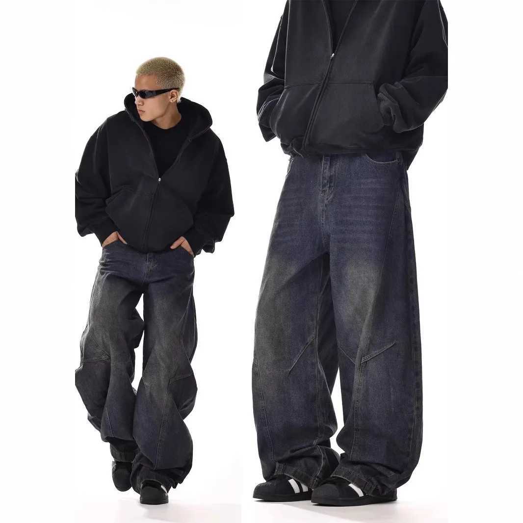 Four Season Fashion 2025 Mens Vintage Casual Trendy Washed Wide Leg Straight Solid Color Jean Trousers Male Denim Pants Clothes J251030