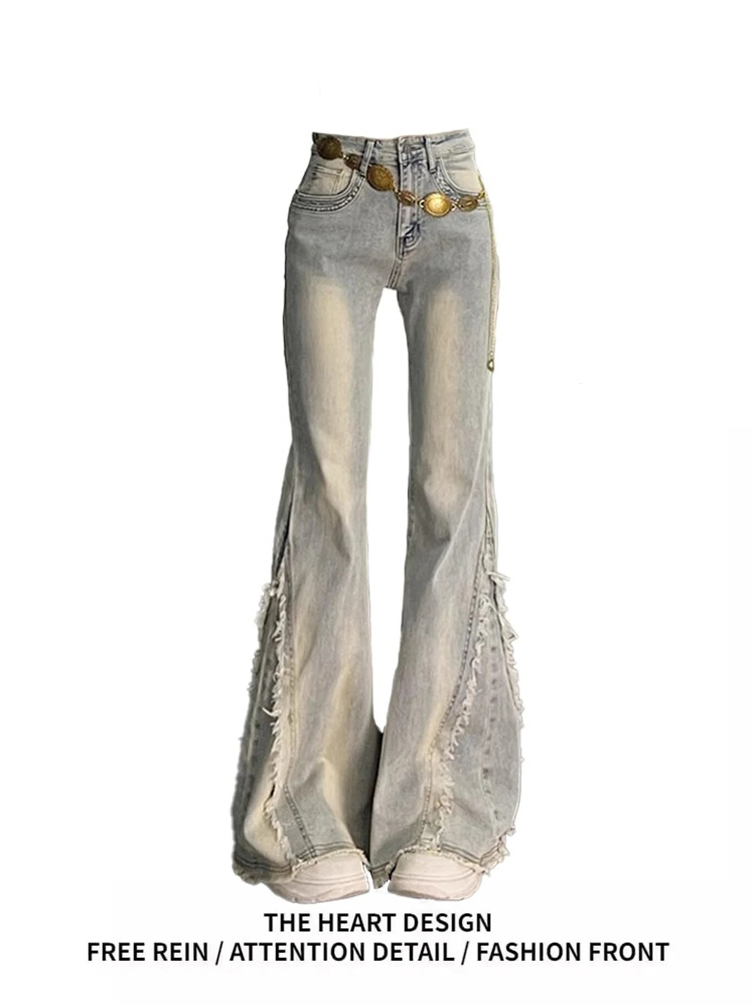 WAKA Womens Vintage High Waist Flared Jeans With Fringed Side Split Metal Chain Belt Retro Y2K Denim Pants Autumn Fashion 251029