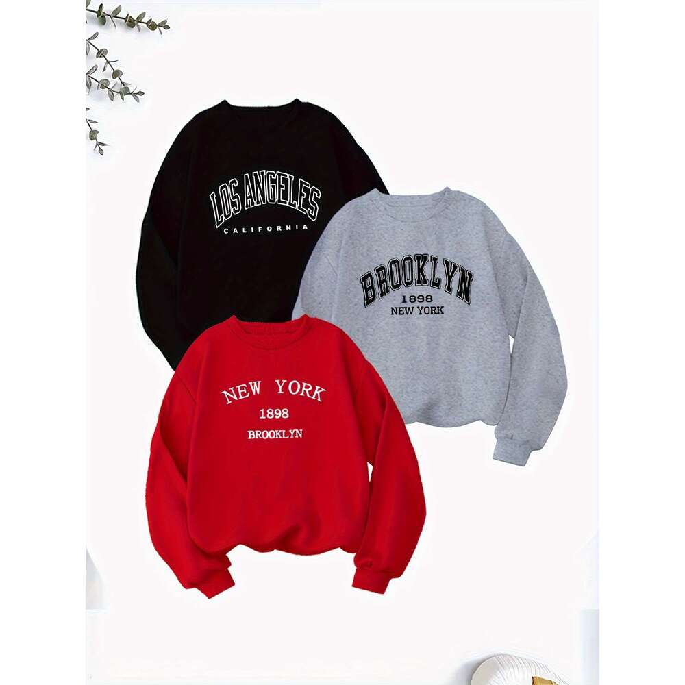 Pack Women S Casual Crew Neck Sweatshirts Polyester Knit Fabric Long Sleeve Alphabet Print Pullovers Slight Stretch Regular Fit For Fall Winter