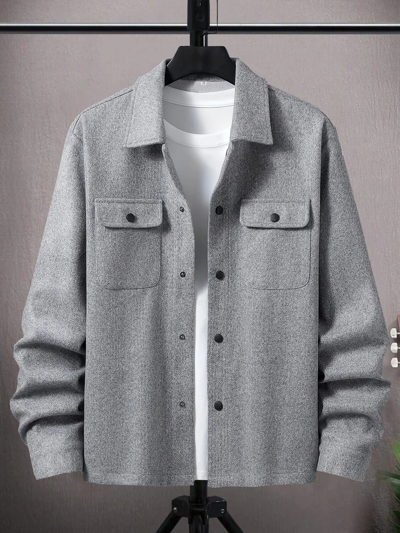 Autumn Mens Woolen Jacket Solid Color Coat Collar Button Front Flip Pocket 251029