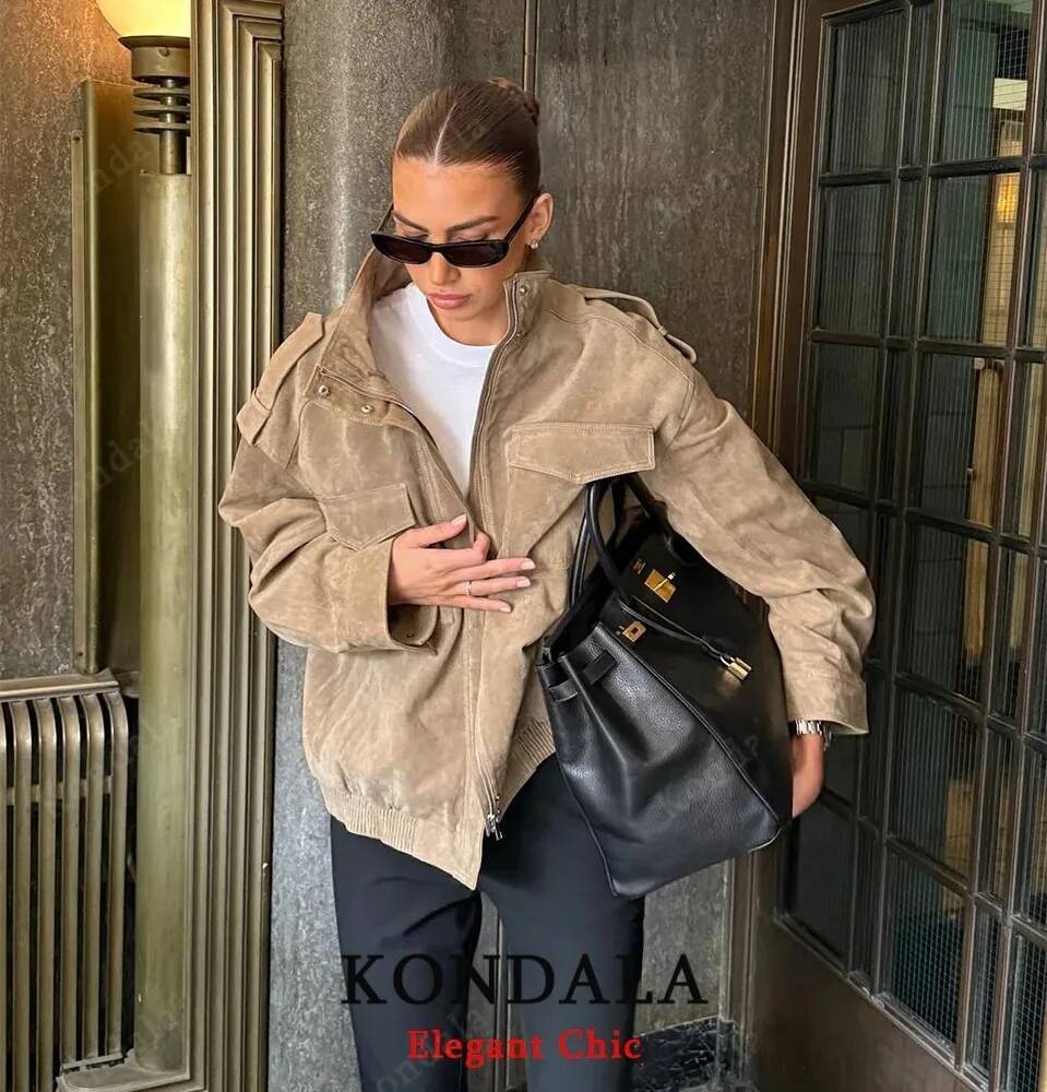 winter jacket women Women Fall Casual Suede Standing Collar Pockets Loose Coat 2025 Autumn Winter Fashion High Street Lady Jacket