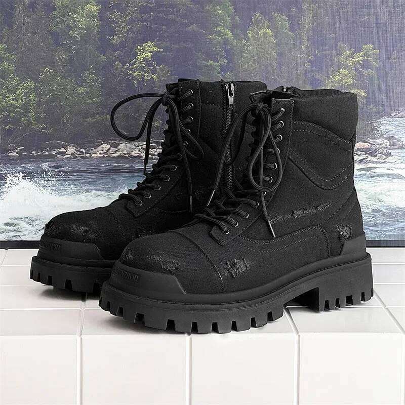 Autumn Winter High-top Motorcycle for Men Lace-up Do-the-old Thick Bottom Short Ankle with Zipper Man Black Boots