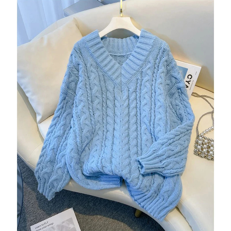 MEXZT Harajuku Sweater Women Fashion Oversized Pink V Neck Knitted Pullovers Korean Long Sleeve Knitwear Winter Casual Jumpers 251029