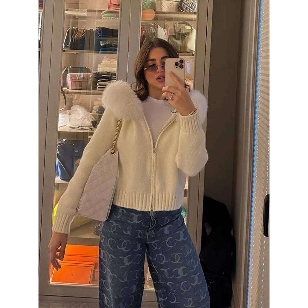 Chic Fur Collar Cropped Jacket Coat Hooded Knitted Sweater Women Casual Solid Autumn New Zip-Up Outerwear High Street Outfit Women Sweater Designer Sw
