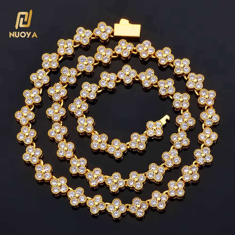 NUOYA Womens Gold Plated Diamond Chain Necklace Four Leaf Clover Plum Blossom Shiny moissanite Hip Hop Jewelry Designer's style