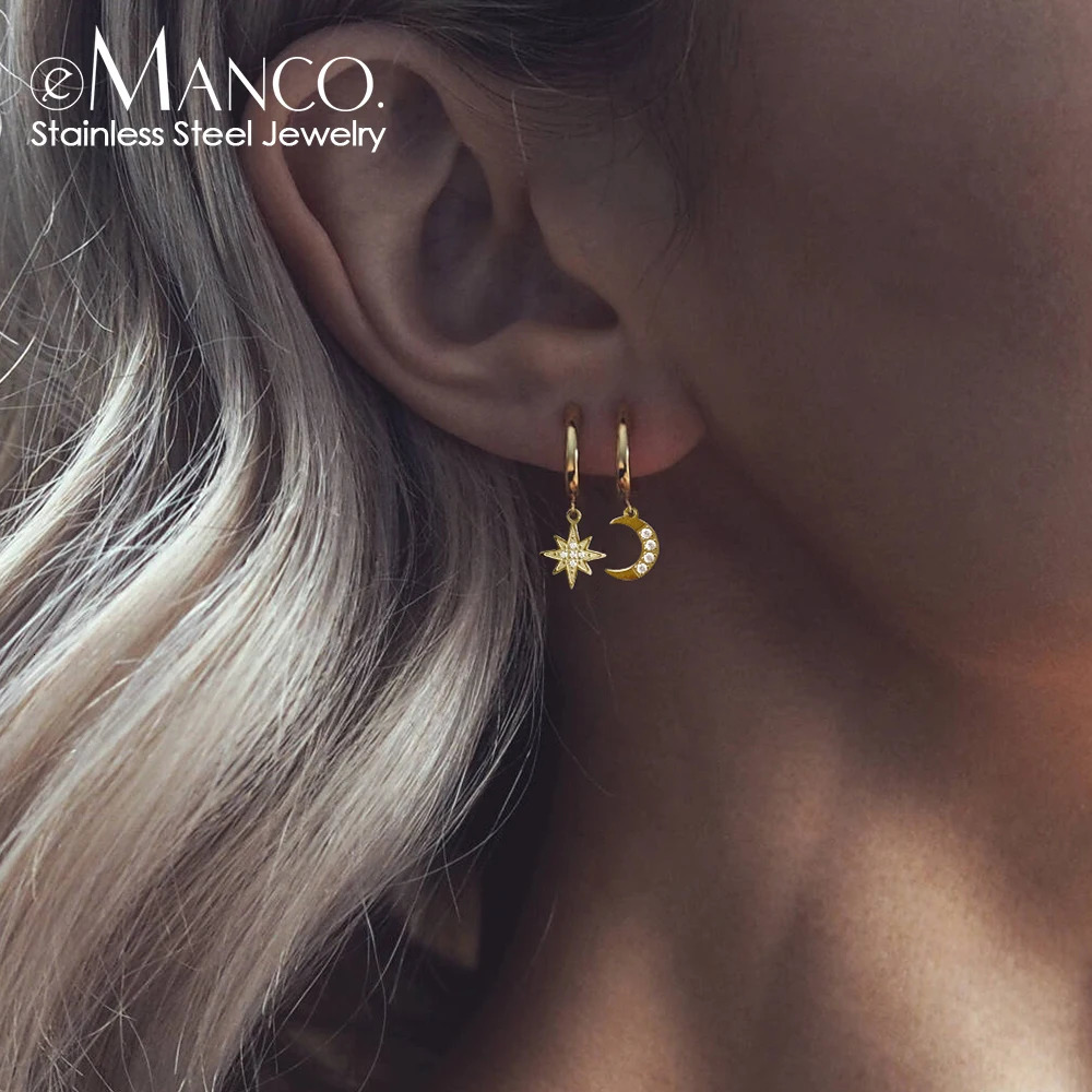 Stainless Steel Hoop Earrings for Women Aesthetic Star Moon Hanging Earring Dangle Fashion Jewelry 2025 Wholesale 250930