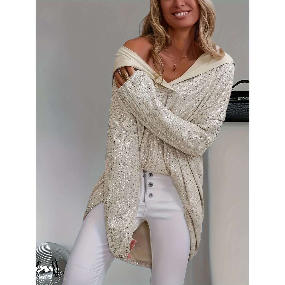 Women S Elegant Sequin Hoodie Long Sleeve Pullover With Drawstring Hood Shimmering Sequins Spring Fall Casual Formal Wear Solid Color Design Spring Fa