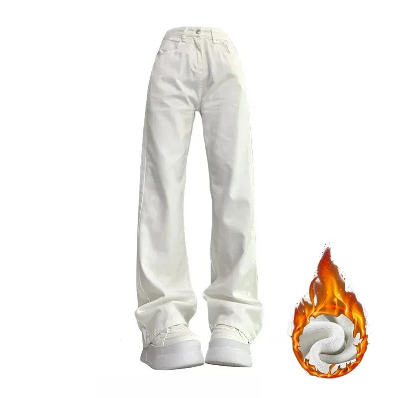 Winter Female Korean High Waist Plush Thermal Jeans Girls Snow Warm White Straight Leg Pants Lady Classic Fleece Denim Trousers 251029