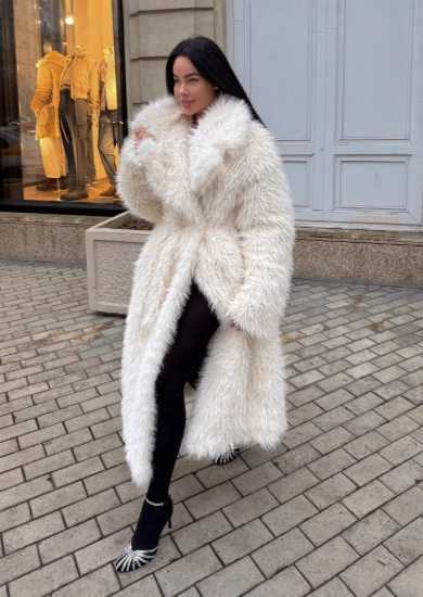 Long faux fur coat in 2025 knee-length white thick formal outerwear Toka eco-friendly fur H251024