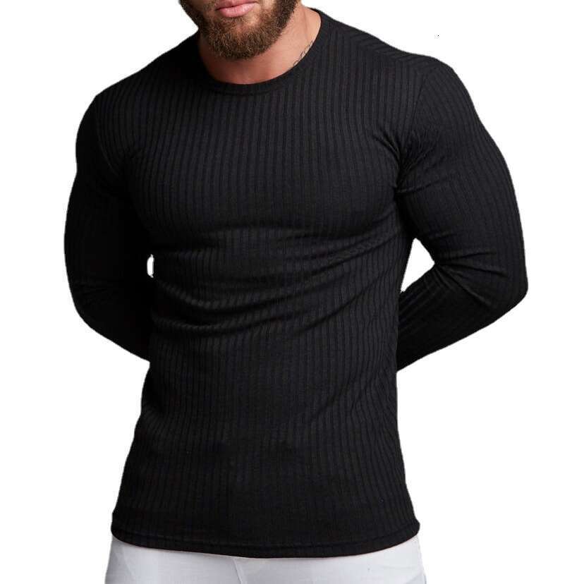 Men's Autumn Sports Fitness Casual Stand Collar Stretch Vertical Stripe Round Neck Long Sleeve T-Shirt