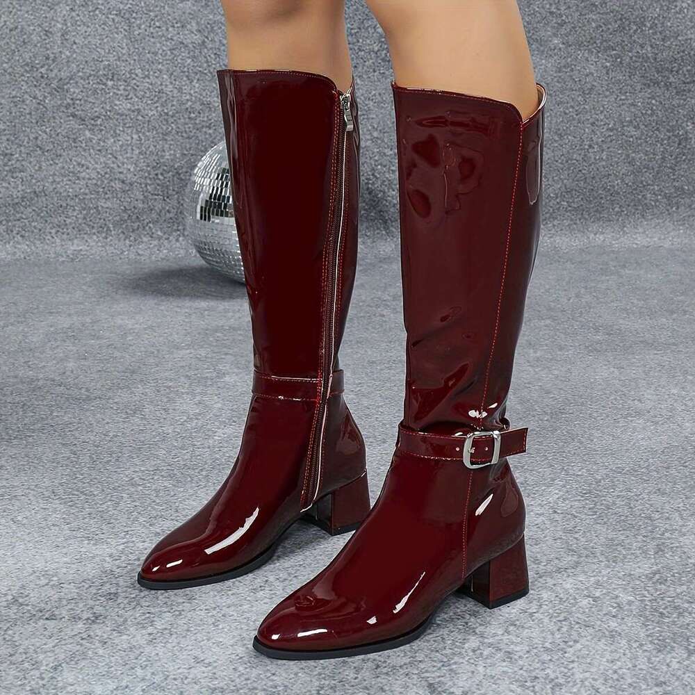 1Pr Elegant Knee-High For Women - Solid Color, Mid Block Heel, Round Toe, Side Zipper, Dress Boots With Flannel Lining And PVC Sole, Winter Veet Style