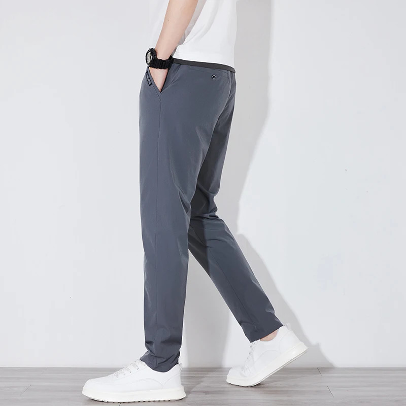 Summer Silk Stretch Smooth Trousers Men Business Elastic Waist Korean Classic Thin Cool Black Gray Casual Suit Pants Male 251028
