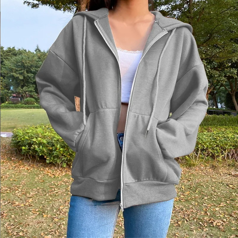 Autumn Fleece Hoodie Solid Color Hooded Korean Fashion Sweatshirts Long Sleeve Top Drawstring Pockets Loose Zipper Black Hoodies 251030