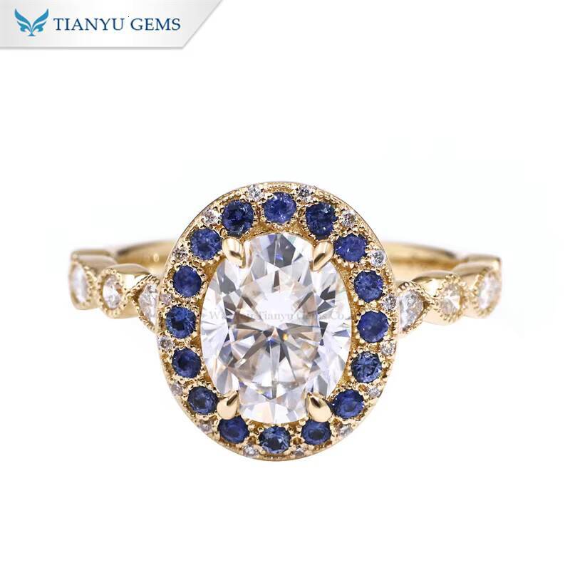 Tianyu Gems 79mm Oval Hearts and Arrows Cut Moissanite D VVS1 and Sapphire halo 14k Yellow Gold Ring for Women Wedding