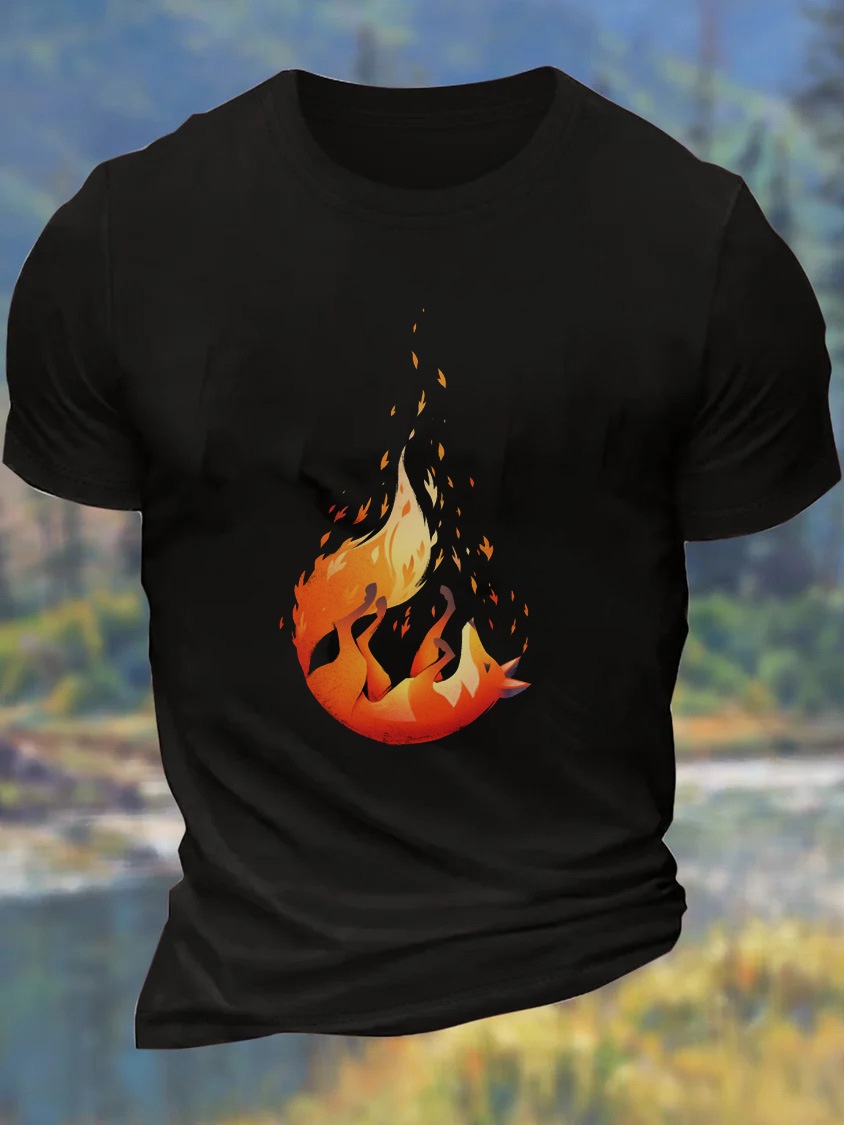 European & American Oversized Men's New Summer Animal Fox Pattern Cotton Casual Letter T-Shirt - TT7526