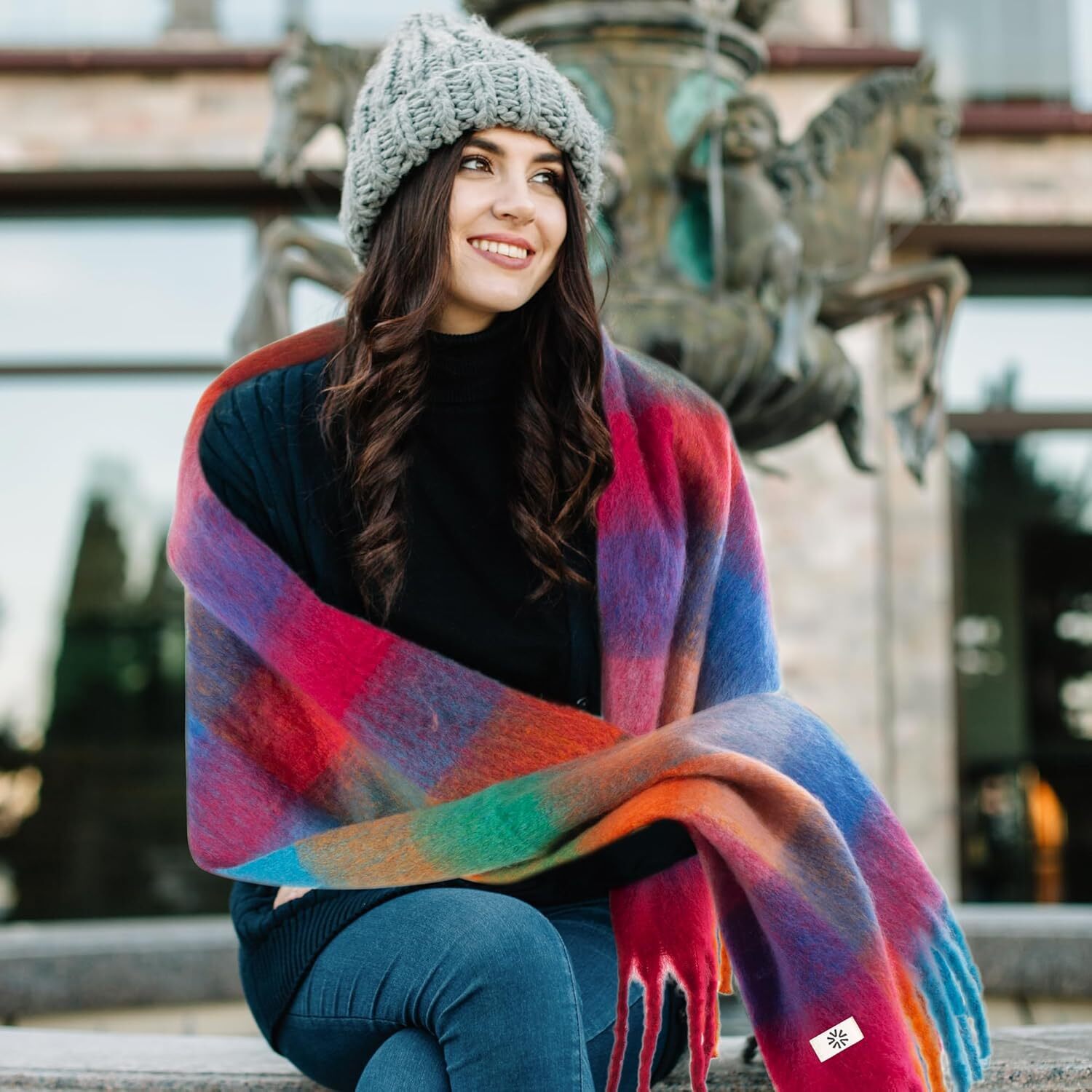 Custom Womens Winter Scarf, Cashmere Feel Tassel Fashion Scarfs Colorful Plaid Long Shawl Large Scarves Christmas gifts