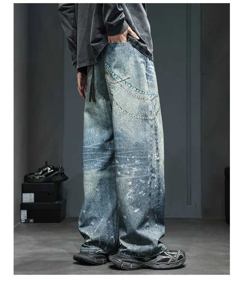 American street retro washed dirty straight leg loose high waisted jeans with distressed chain print mens straight leg jeans J251030