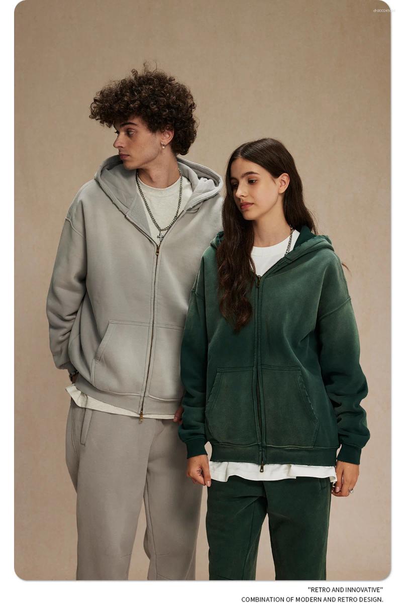 Men's Tracksuits Mens Fleece Lined Zipper Hoodies Oversized Set High Street Washed Wax Dye Jogger Uniform Retro Trousers Suit Casual Tapered