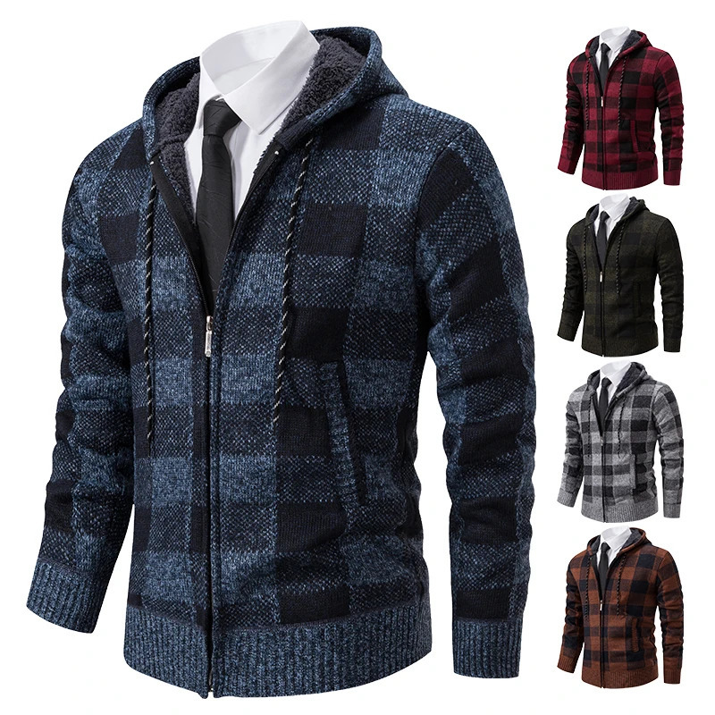 Autumn Winter Mens Cardigan Fashion Plus Velvet Padded Knit Jumpers Male Sweater Hooded Plaid Korean Coat 251017