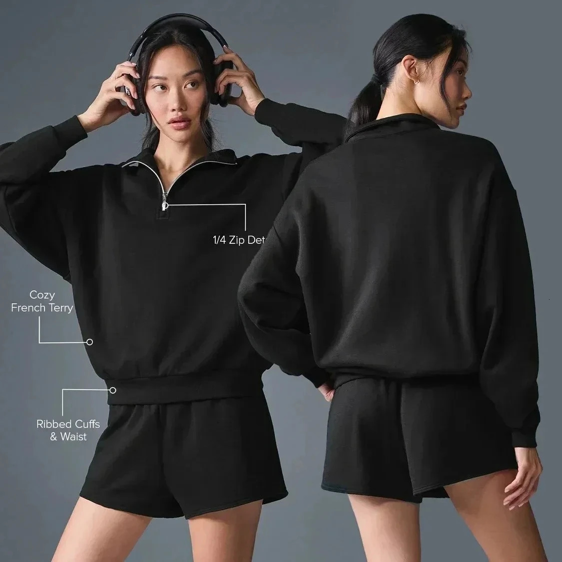 Longsleeved Solid Gray Zip Hoodie Sweatshirts Leisure Top Sport Yoga Stand Up Collar Pullover Fitness Loose Coat Autumn 251016