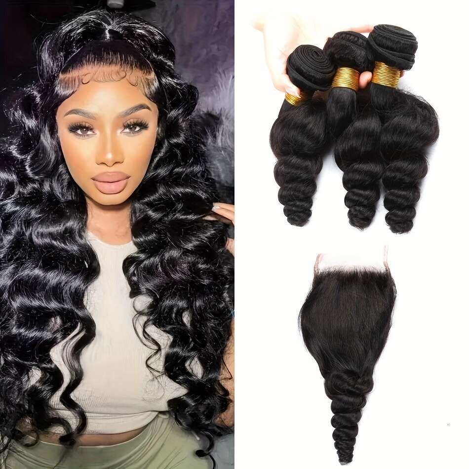 3 Bundles Brazilian Loose Wave Human Extensions With 5X5 Transparent HD Lace Closure - Natural Black Unprocessed Hair Weave, Voluminous Waves Women, S