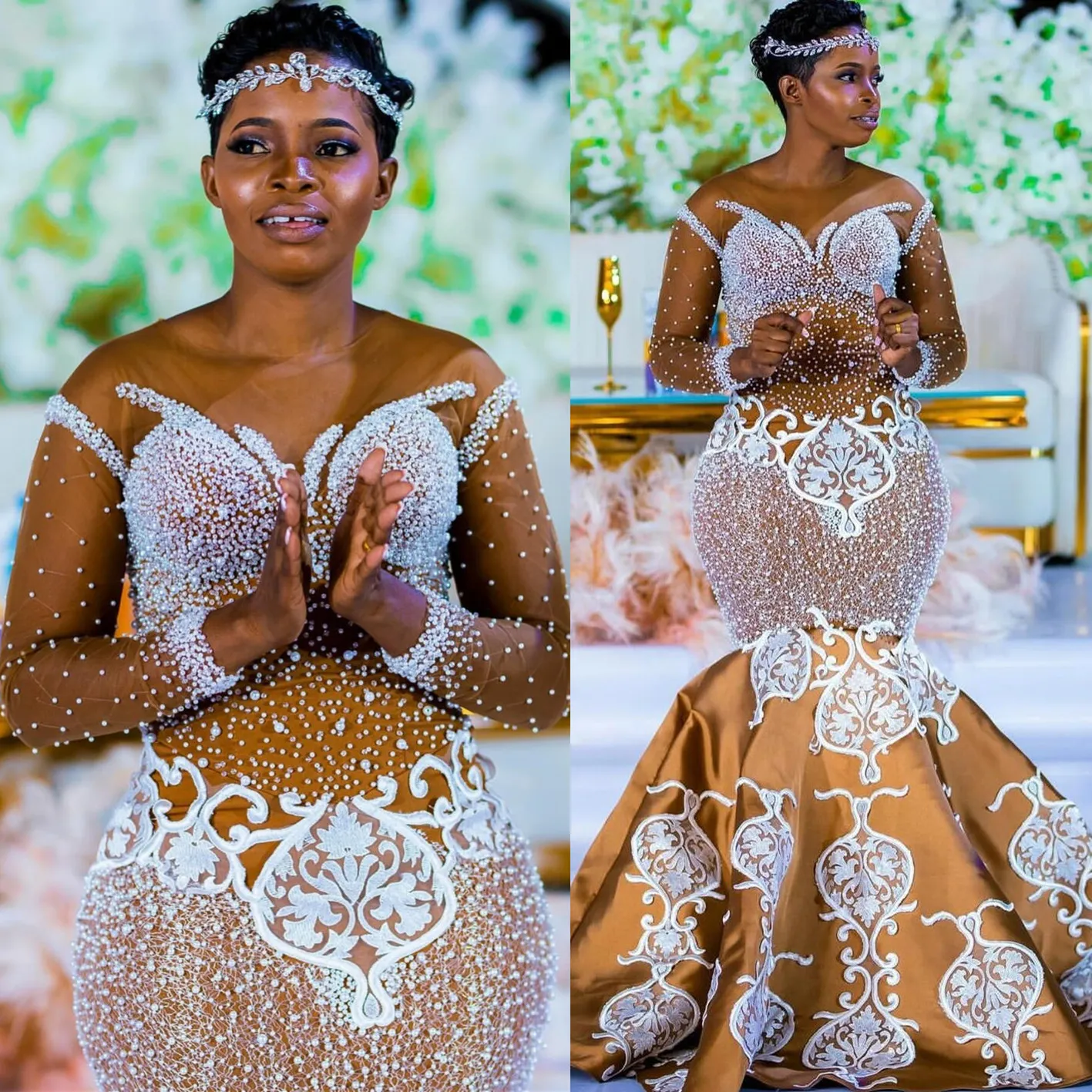 Gold Mermaid Wedding Dresses Plus Size Lacefull Full Sleeves Lace Crystals Bridal Gowns Dress Vestidos De Novia