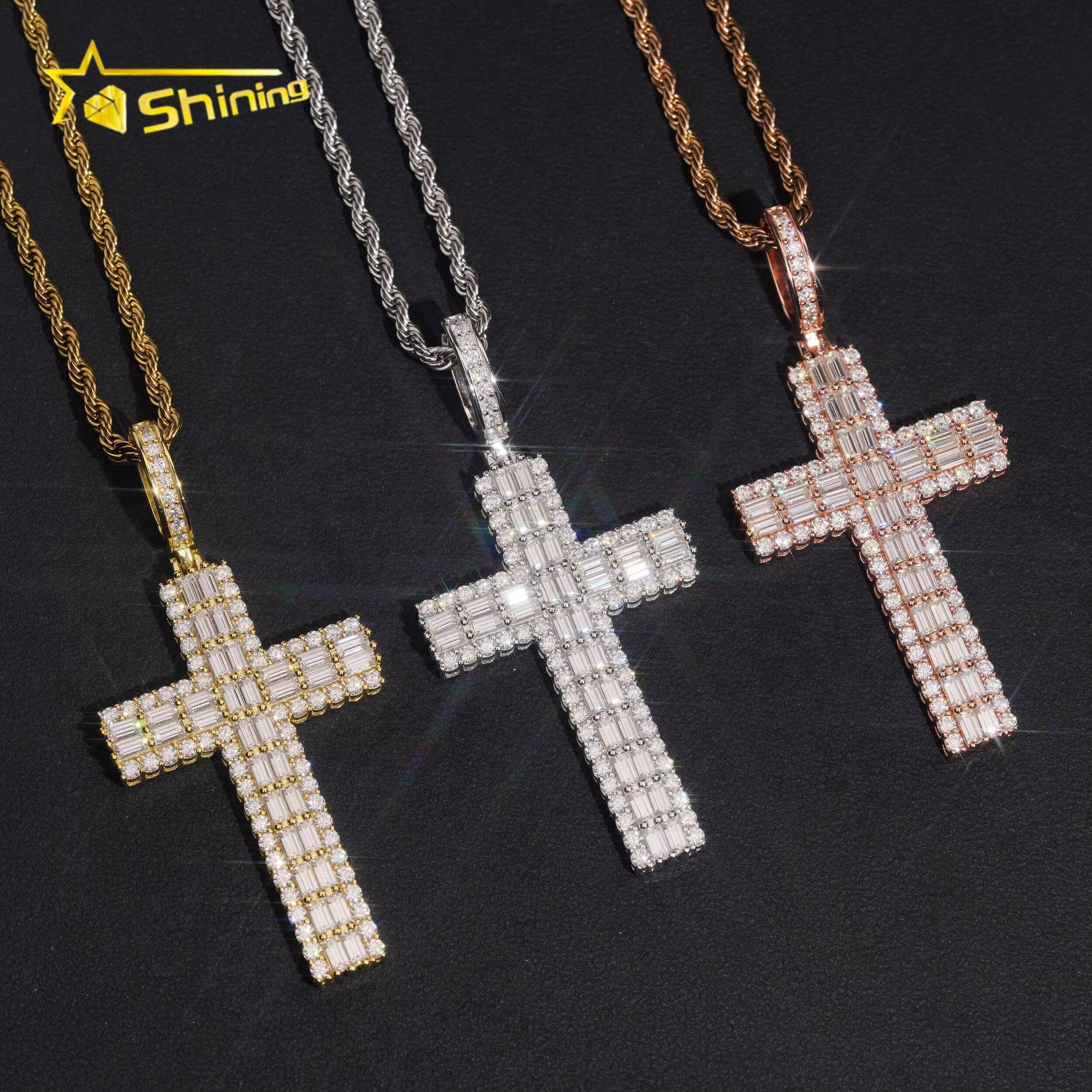 Hip Hop Necklace Iced Out Moissanite Cross Charm 925 Sterling Silver Gold Plated Baguette Moissanite Pendant Designer's style