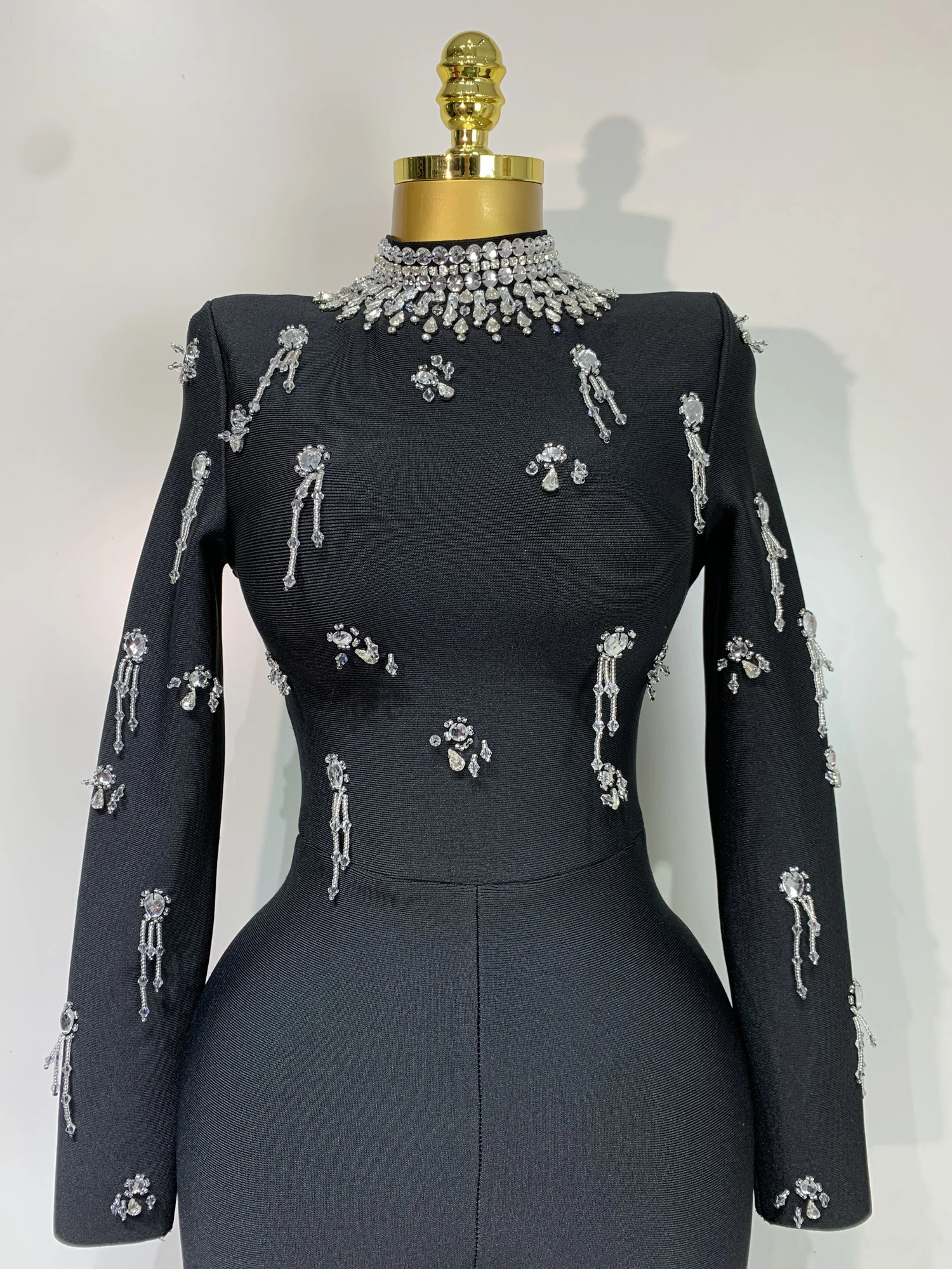 Sparkly Diamonds Long Sleeve Black Bodycom Bandage Jumpsuit Fashion Woman Evening Party Elegant y Birthday Rompers 251027