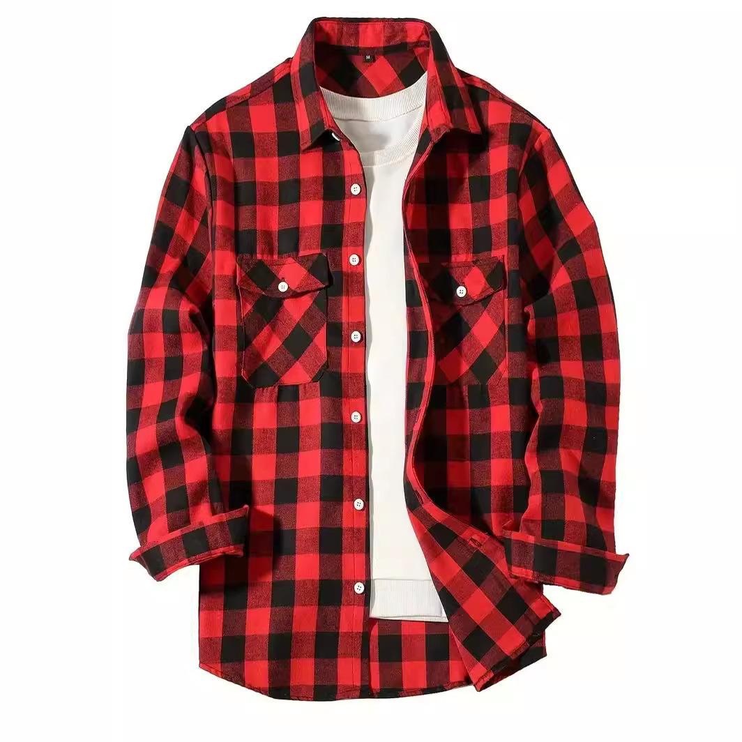 Cardigan Pocket Decoration Flannel Men's Plaid Shirt Fashion Casual Turn-down Collar Long Sleeve Shirt