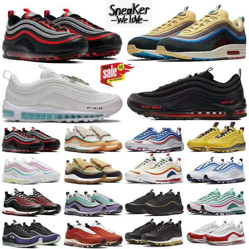 2025 Designer 97 97s Sports Shoes Trainers Jesus Satan Futura Triple silver Cream Olive Volt green Crucifix Bred Sail Aurora Gym Mens Women Running Sneakers