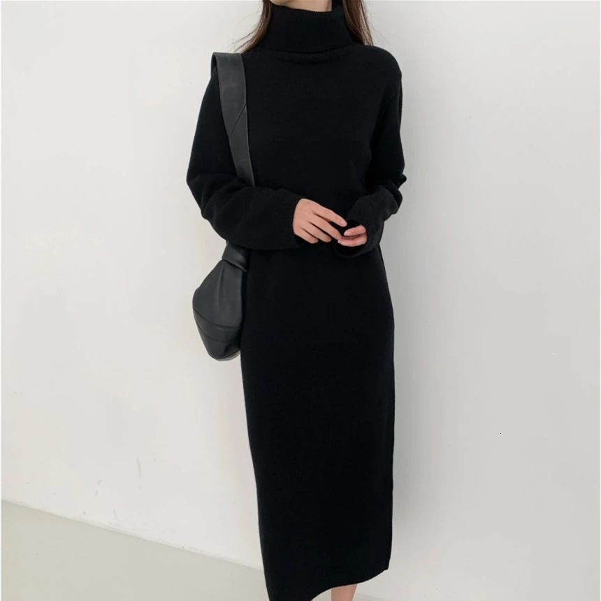REALEFT Autumn Winter Elegant Turtleneck Loose Womens Knitted Long Dresses Sleeve Solid Straight Dress Female 251027