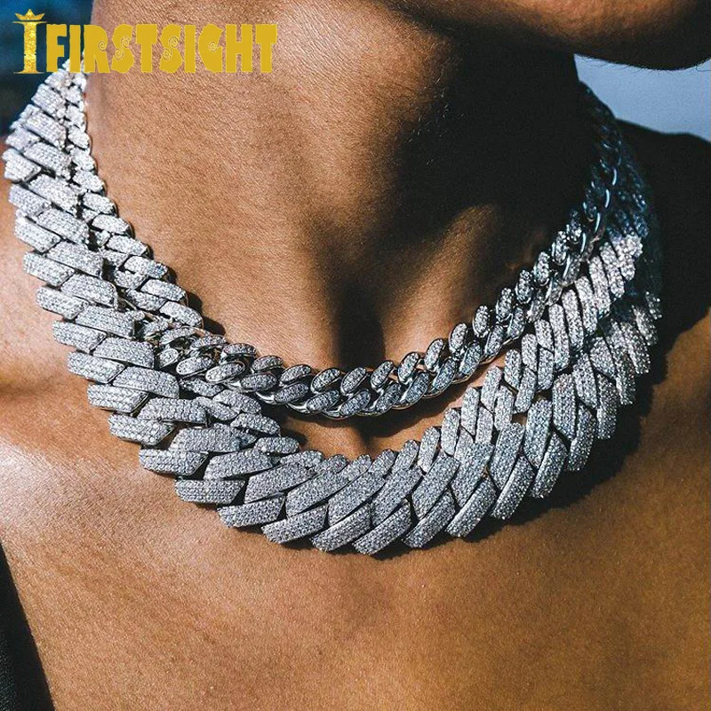 Iced Out Bling 19mm Cuban Chain Necklace Two Tone Color Rectangle CZ Cubic Zirconia Miami Necklaces Men Hip Hop Jewelry 251029