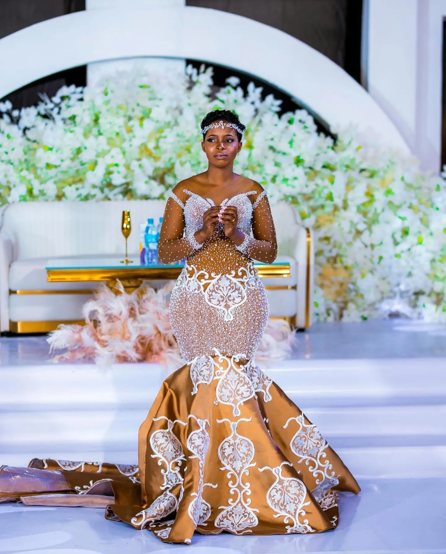 Gold Mermaid Wedding Dresses Plus Size Lacefull Full Sleeves Lace Crystals Bridal Gowns Dress Vestidos De Novia