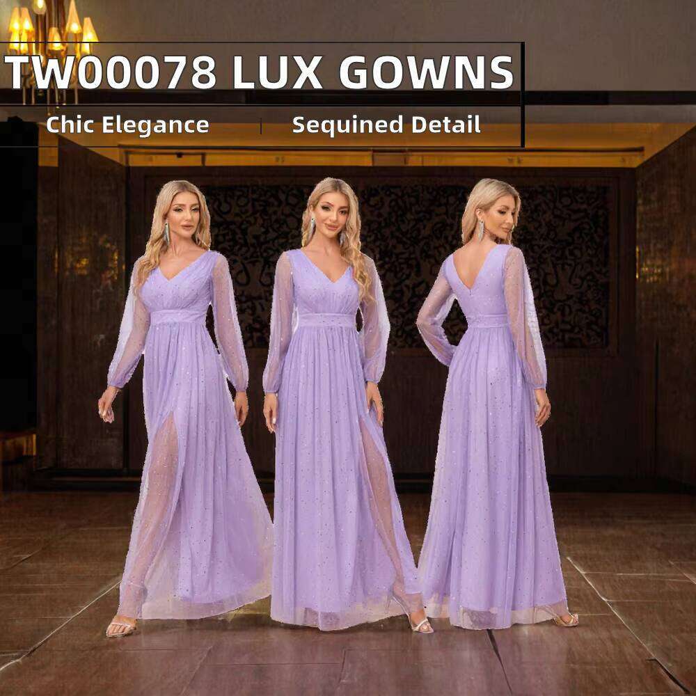 Luxurious Fully Lined Women's V-Neck Sheer Shiny A-Line Bridesmaid Dress with Sequins Floor Length prom