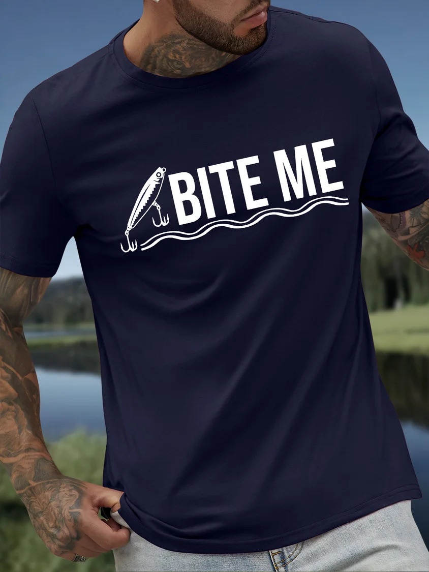 European & American Oversized Men's Funny Fishing Enthusiast Graphic Letter Print Cotton Casual Relaxed Fit T-Shirt - TT7302