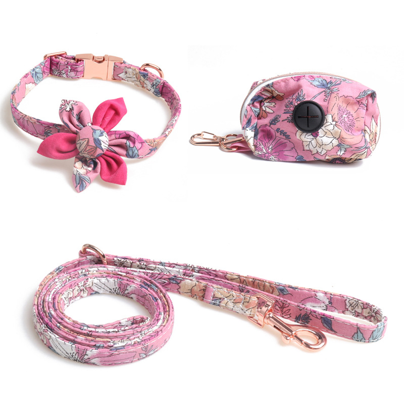 Floral Pattern Dog Collar Leash Set with Poop Bag Holder, Stylish Pet Collar Lead Set, Durable & Comfortable, for Dogs, Fashionable Pet Walking Access