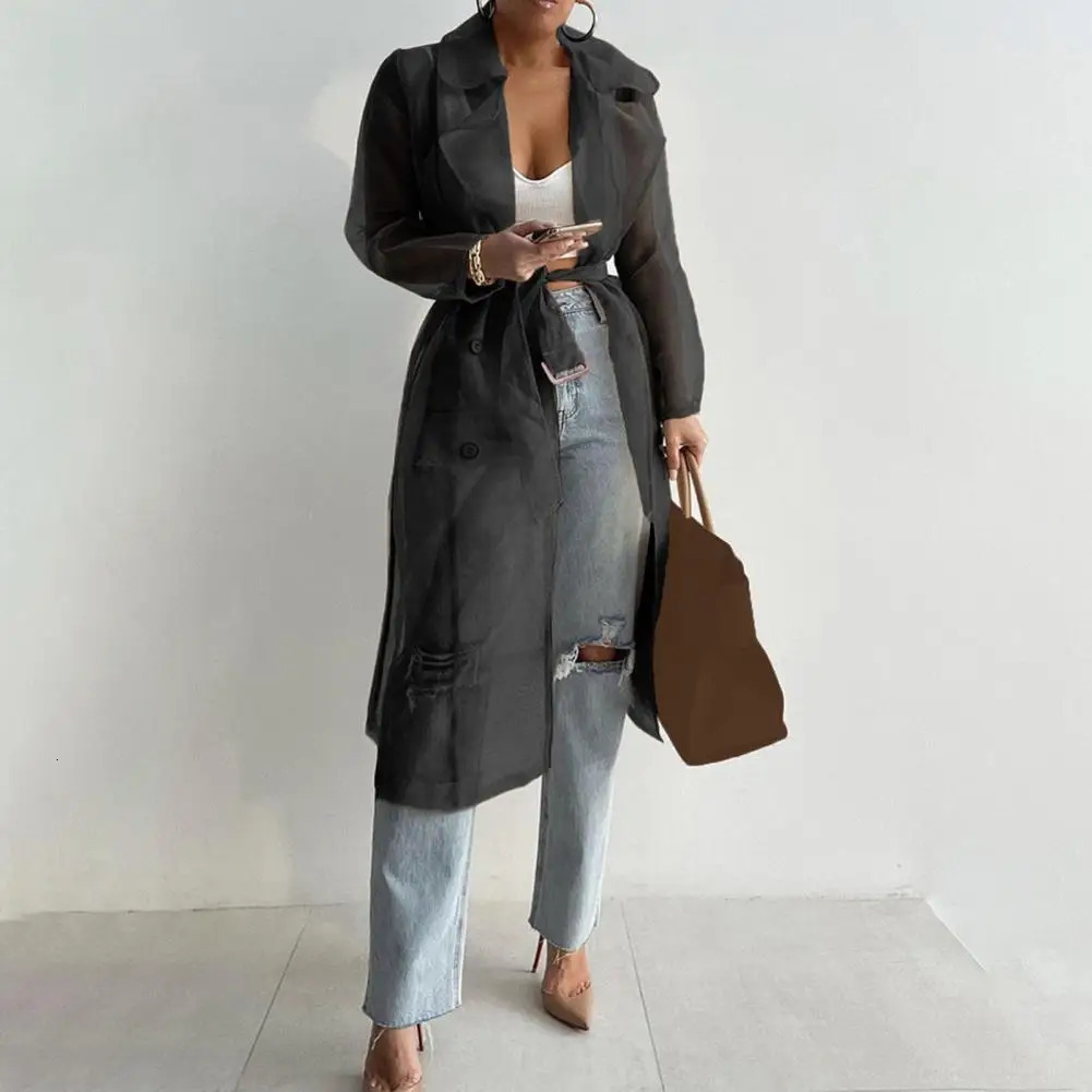 Women Mesh Trench Coat Fashion See Through Jacket Summer Laceup Sunscreen Shirt Net Yarn Long Shirt Thin Coat With Belt 251030