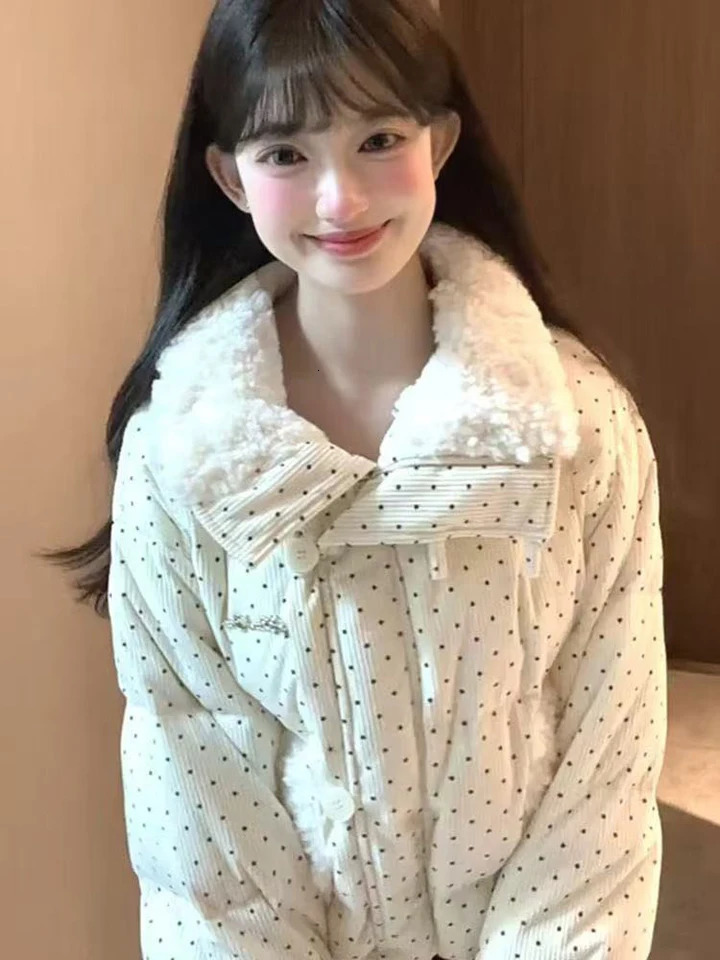 Sweet Polka Dot Parkas Women Winter Loose Casual Thicken Button Patchwork Puffy Coats Korean Fashion Fur Collar Female Outwear 251030