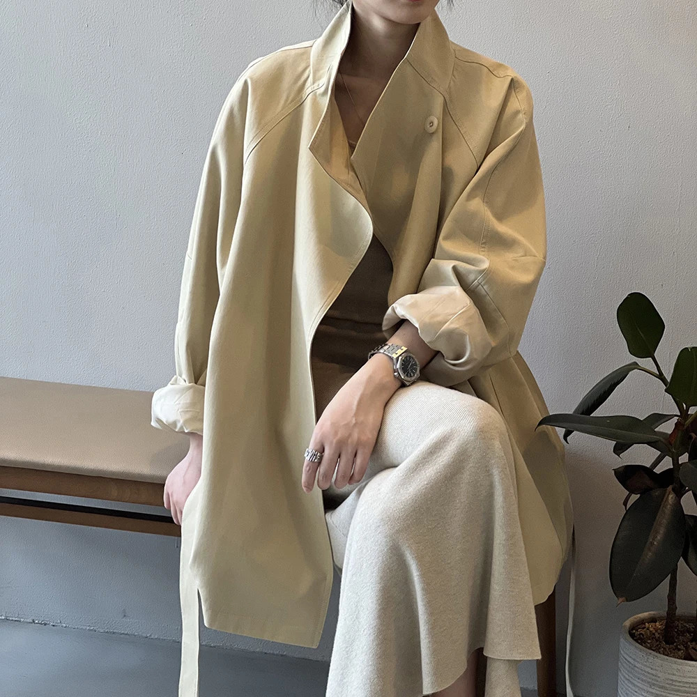 2025 Women Autumn Khaki Trench Coat Stand Collar Women Loose Style Coat With Belt Casaco Feminino Trench Femme 251029