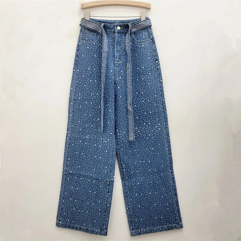 WTHT Trendy Diamonds Straight Jeans For Women Winter Fashion High Waist Belt n Wide Leg Denim Pants Female 1LS410 251029