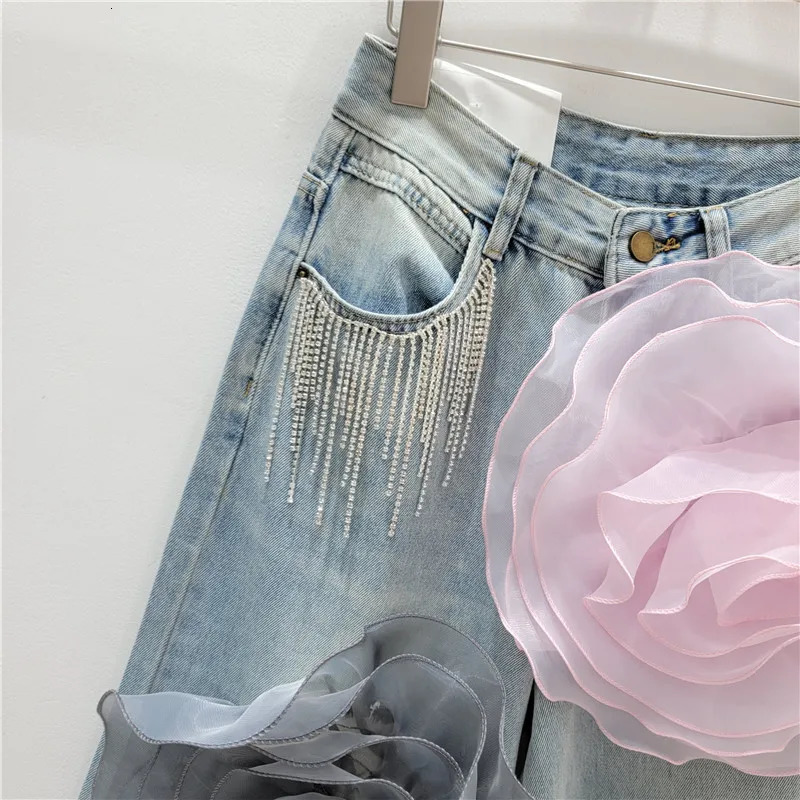 YEAE Womens Jeans High Waist Flower Diamond Tassel Straight Wide Leg Jeans Summer Fashion 251029